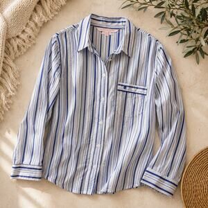 Victoria's Secret Blue White Striped Pajama Top Medium Button Front Long Sleeve